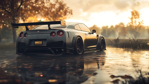 Modified sports car waits on wet road under golden sunset