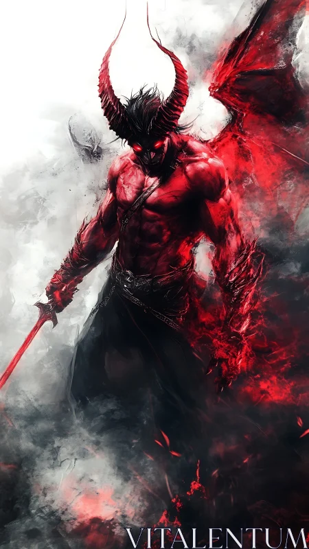 Infernal horned demon warrior wreathed in crimson smoke.