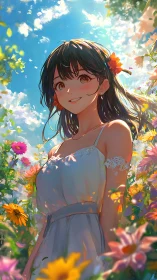 Sunlit anime portrait captures floral atmosphere and soft bokeh