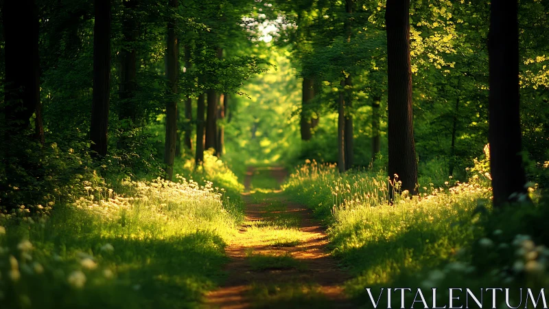 Sunlit forest path with wildflowers, vibrant nature landscape.