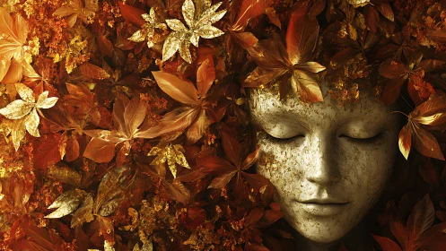 Autumnal stone visage immersed in golden foliage tapestry.