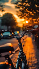 Bicycle handlebar at dusk with blurred urban street lights.