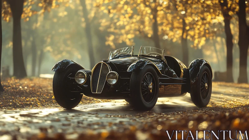 Streamlined vintage roadster under diffuse autumn backlighting.