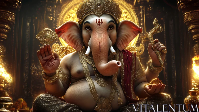 Divine Ganesha idol in ornate golden shrine illumination.