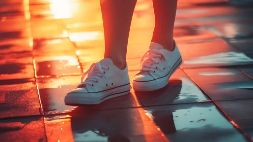White sneakers illuminated by vivid sunset reflections on tiles