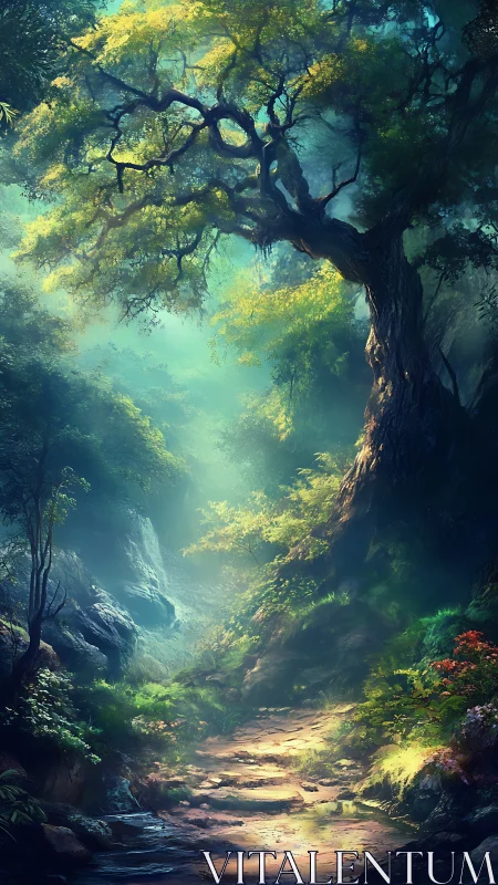 Enchanted Forest Path Where Ancient Trees Whisper Stories.