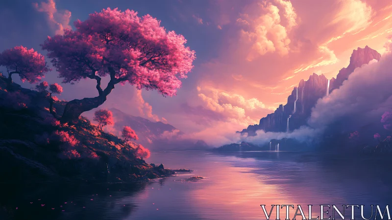 Blossom cliffs and cotton-candy sky over a lilac river.