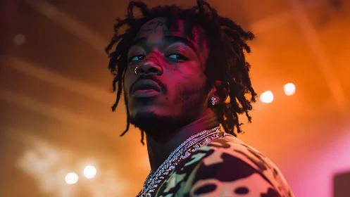 Confident young artist glowing in bold neon stage light.