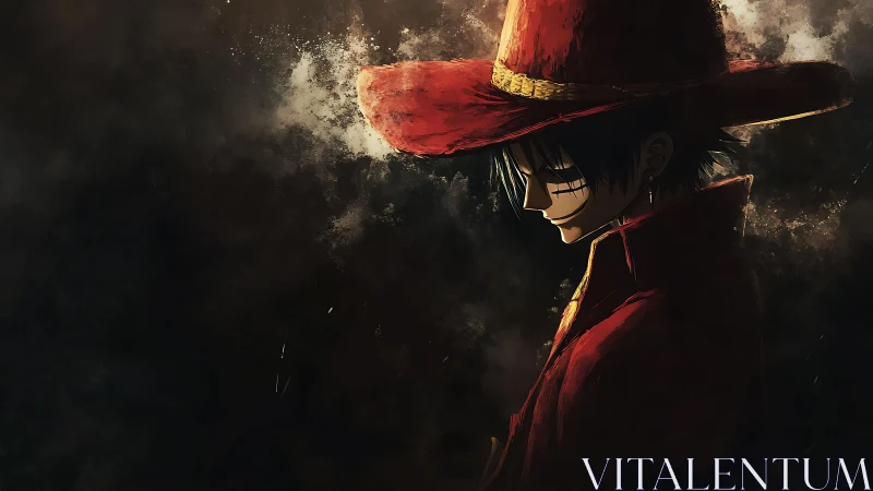 Lone red-coated wanderer broods in swirling sepia shadows.