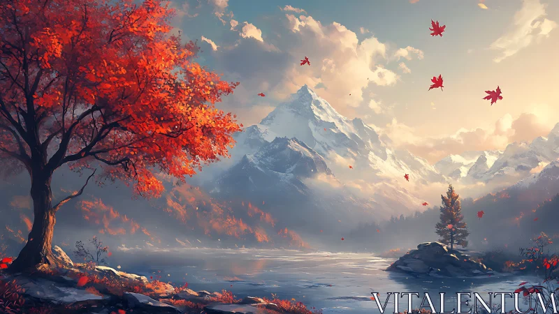 Crimson maple whispers over snowlit mountain river hush.