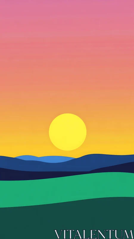 Minimalist sunset landscape with layered flat color gradients