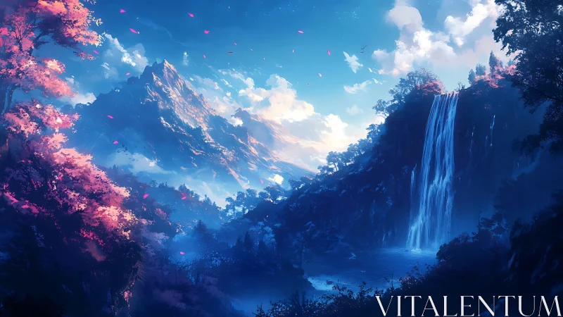 Sky-drenched mountains whisper beside a sapphire waterfall