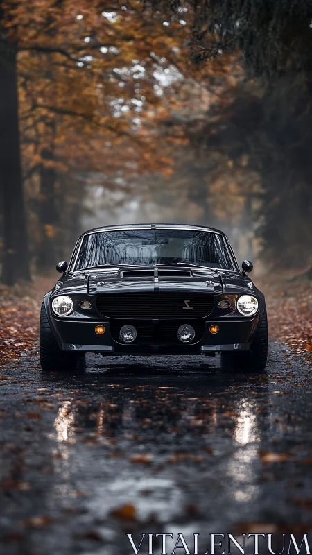 Classic black muscle car stands on wet autumn forest road
