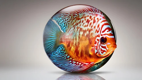 Vibrant Discus Fish in Spherical Glass Art Style, Studio Lighting.