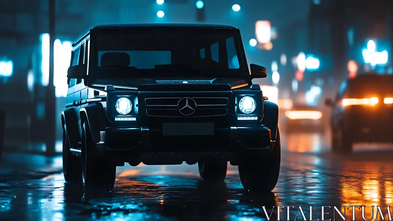 Midnight SUV prowl under neon rainlit city streetscape.