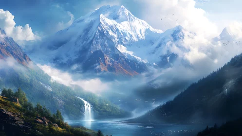 Misty mountain valley with waterfall and tranquil blue lake.