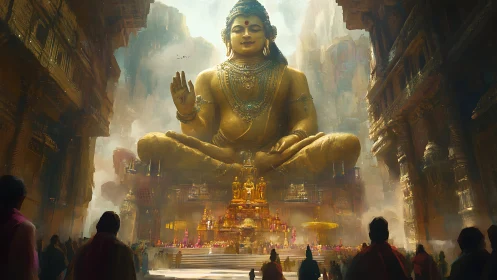 Colossal golden deity presides over misty mountain temple city