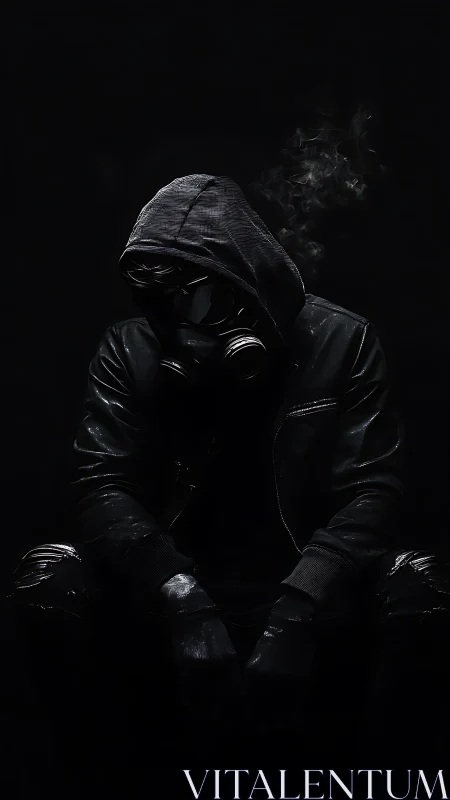 Hooded figure in gas mask under low key directional lighting