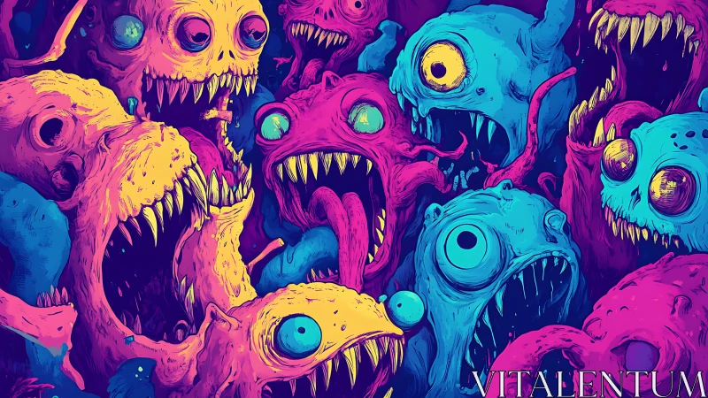 Glow-bright monster crowd bursting with playful chaos.