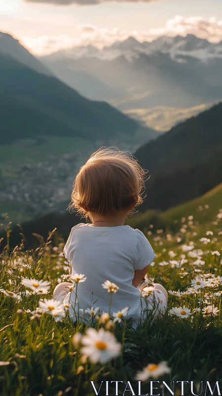 Little child quietly enjoys a sunlit mountain meadow view