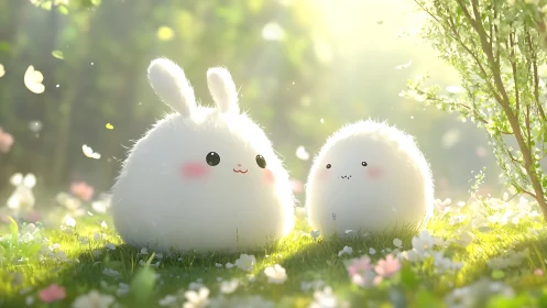 Fluffy bunny friends sharing sunshine in a dreamy meadow.