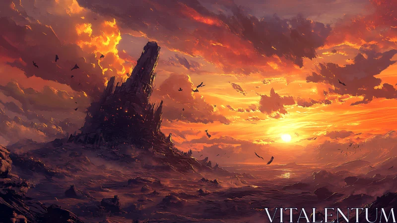 Fiery sunset sky welcomes a lone dark tower on the horizon