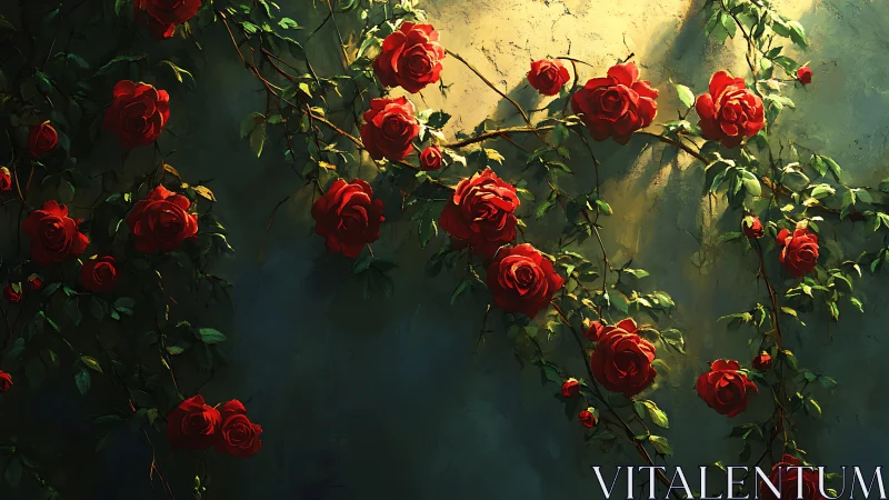 Crimson Roses Bathed in Golden Garden Light.