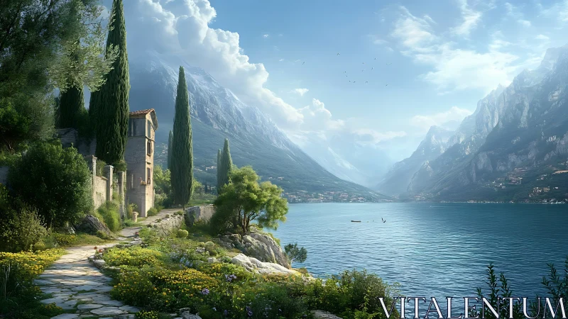 Mediterranean lakeside villa path under luminous alpine sky.