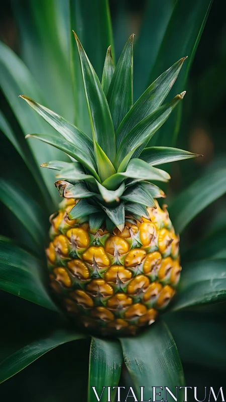 Sunlit pineapple nestled in glossy, emerald green leaves.