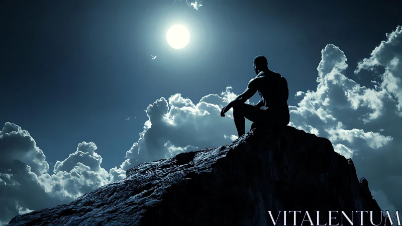 Solitary figure sits on moonlit cliff edge above dense clouds