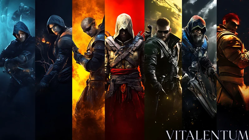 Hooded warriors aligned in elemental neon battle spectrum.