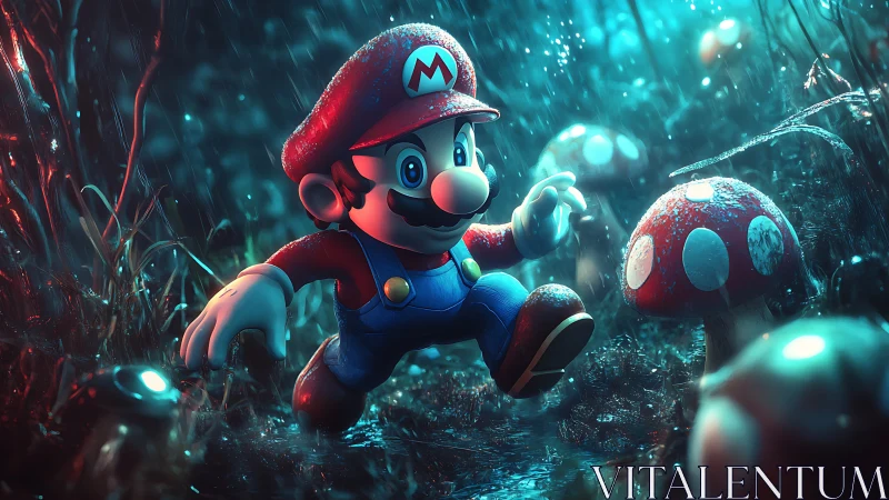 Mario dashes through a glowing mushroom forest in rainstorm.