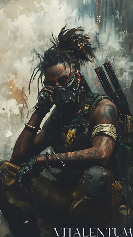 Brooding wasteland sentinel in gas mask and urban armor.