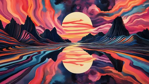 Neon river sunset mirroring electric mountains in dreamstate.