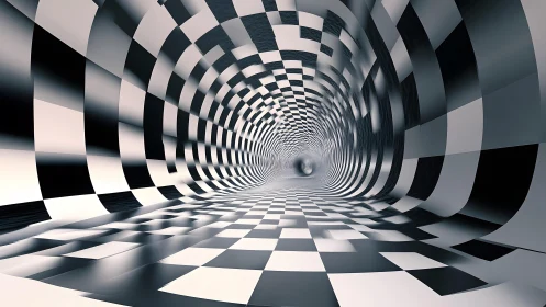 Surreal Checkered Tunnel in Black and White Abstract Digital Art.