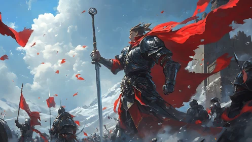 Armored warlord leads red-bannered battalion across snowfield