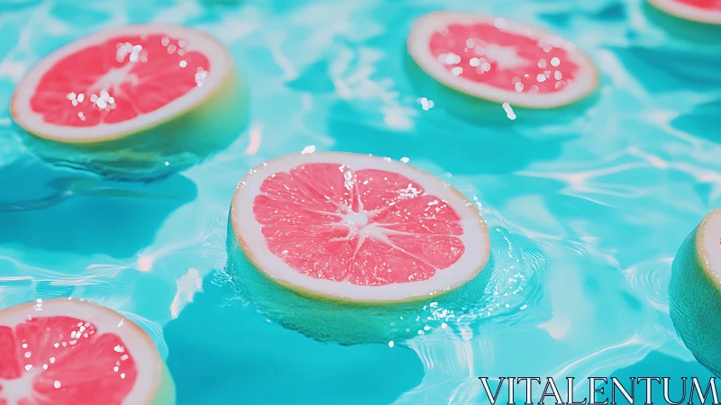 Floating grapefruit slices in vibrant turquoise poolscape.