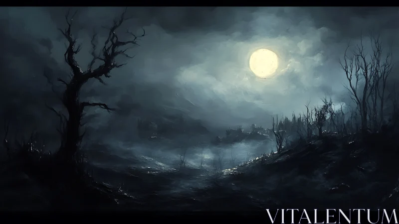 Nocturnal desolation landscape under spectral full moonlight.