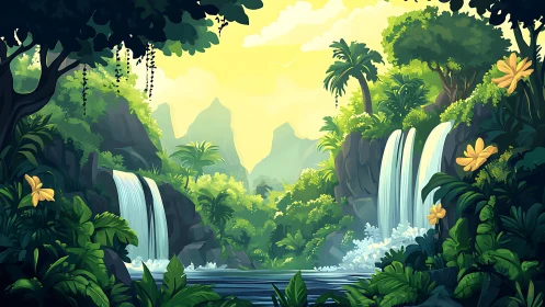 Tropical Rainforest Waterfall Landscape with Lush Vegetation