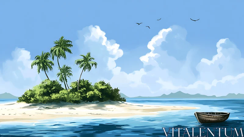 Small Island With Palm Trees and Coastal Water Scene.
