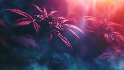 Neon cannabis leaves glow under soft vapor haze