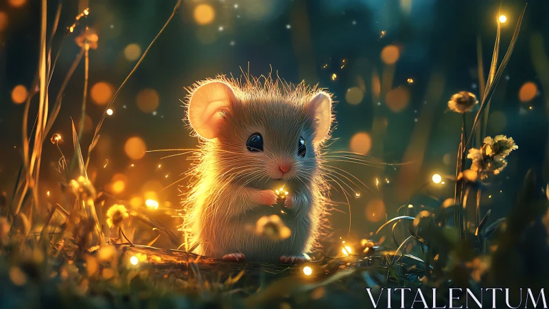 Bioluminescent meadow mouse holding luminous firefly orb at dusk
