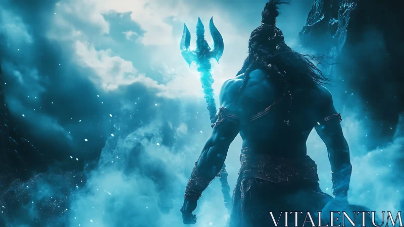 Stormforged trident bearer ascends through mythic blue mists.