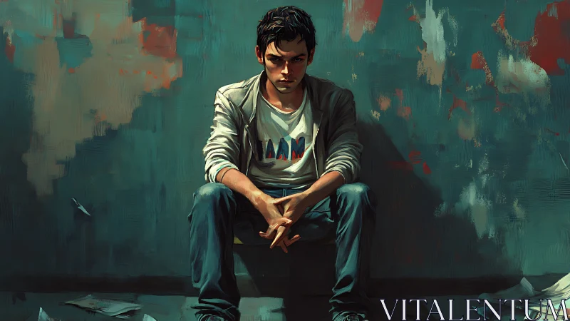 Brooding boy in teal alleyway, painted with raw solitude.