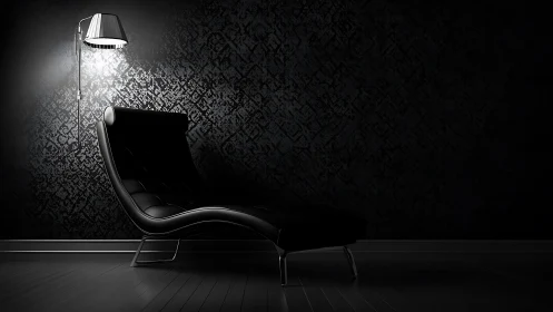 Photorealistic noir chaise lounge under focused side lighting.