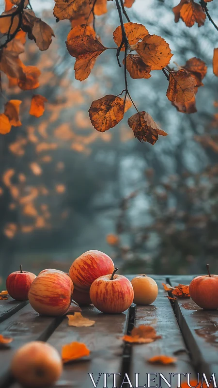 Apples on wooden table beneath dry autumn leaves outdoors.