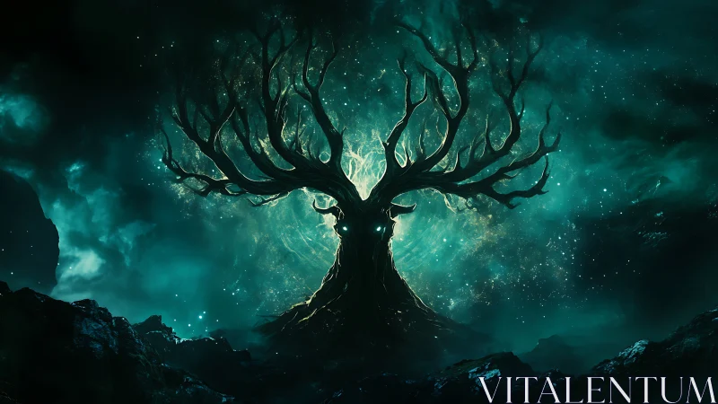Luminescent tree silhouette framed by teal cosmic nebula.