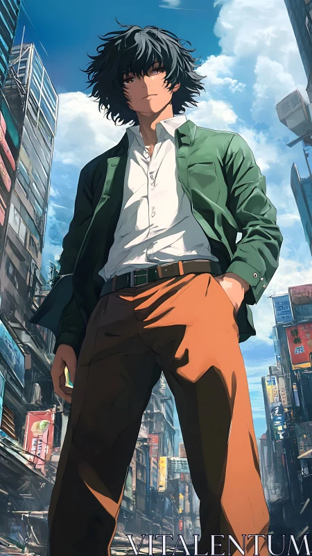Urban anime protagonist in low-angle dynamic city portrait.