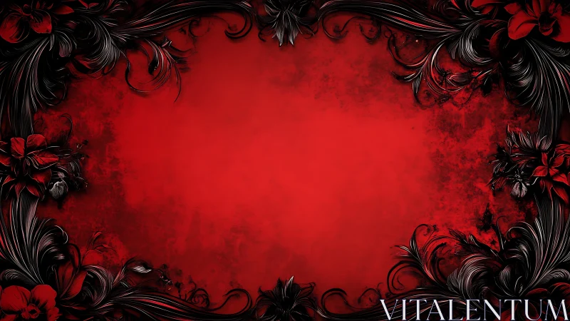 Red grunge background frames dark floral scrollwork corners