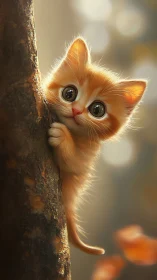 Curious Orange Kitten Peeking Around Weathered Bark.